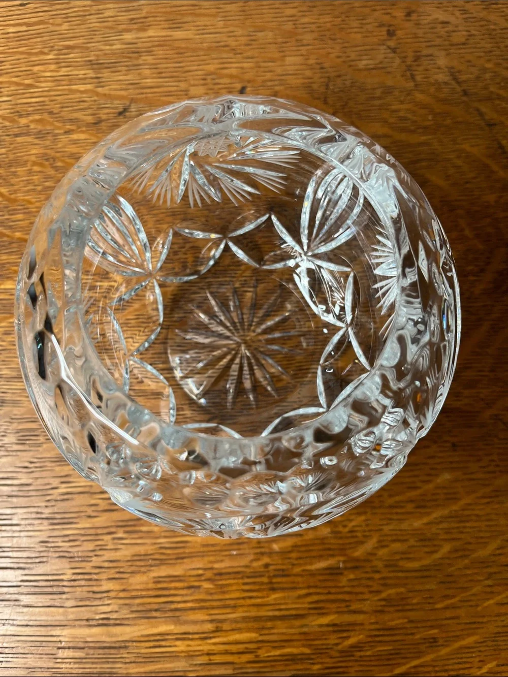 Vintage Cut Crystal Bowl Floral Fan Starburst Pattern Scalloped Rims